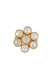 Gold Finish Kundan Polki Floral Ring In Sterling Silver