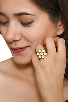 Gold Finish Kundan Polki Floral Ring In Sterling Silver
