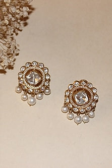 Gold Plated Moissanite Polki & Semi-Precious Stone Stud Earrings In Sterling Silver