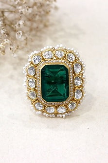Gold Plated Moissanite Polki & Semi-Precious Stone Ring In Sterling Silver
