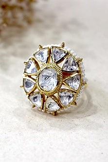 Gold Plated Moissanite Polki & Semi-Precious Stone Ring In Sterling Silver