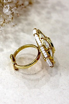 Gold Plated Moissanite Polki & Semi-Precious Stone Ring In Sterling Silver