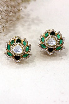 Gold Plated Moissanite Polki & Semi-Precious Stone Stud Earrings In Sterling Silver