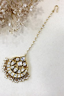 Gold Plated Moissanite Polki & Semi-Precious Stone Maangtikka In Sterling Silver