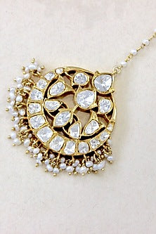 Gold Plated Moissanite Polki & Semi-Precious Stone Maangtikka In Sterling Silver
