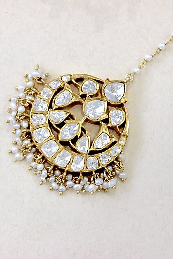 Gold Plated Moissanite Polki & Semi-Precious Stone Maangtikka In Sterling Silver