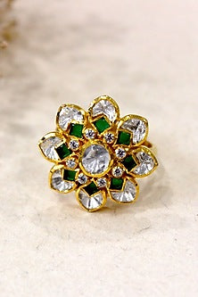 Gold Plated Moissanite Polki & Semi-Precious Stone Ring In Sterling Silver
