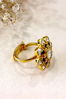 Gold Plated Moissanite Polki & Semi-Precious Stone Ring In Sterling Silver