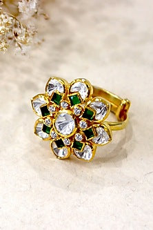 Gold Plated Moissanite Polki & Semi-Precious Stone Ring In Sterling Silver