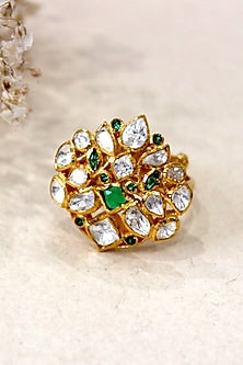 Gold Plated Moissanite Polki & Semi-Precious Stone Ring In Sterling Silver