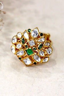 Gold Plated Moissanite Polki & Semi-Precious Stone Ring In Sterling Silver