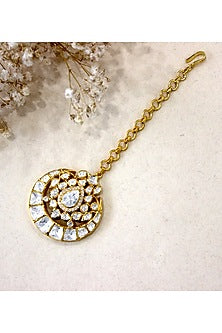 Gold Plated Moissanite Polki & Semi-Precious Stone Maangtikka In Sterling Silver