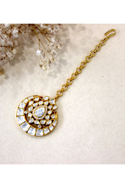 Gold Plated Moissanite Polki & Semi-Precious Stone Maangtikka In Sterling Silver