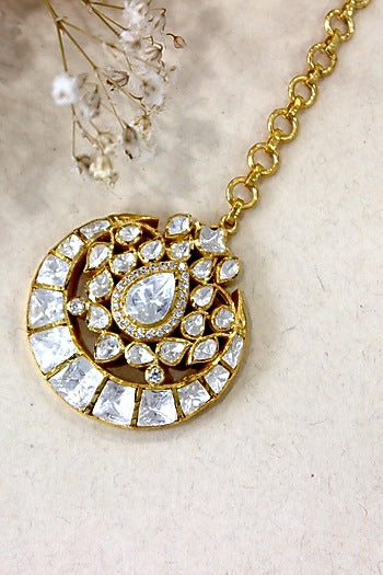Gold Plated Moissanite Polki & Semi-Precious Stone Maangtikka In Sterling Silver