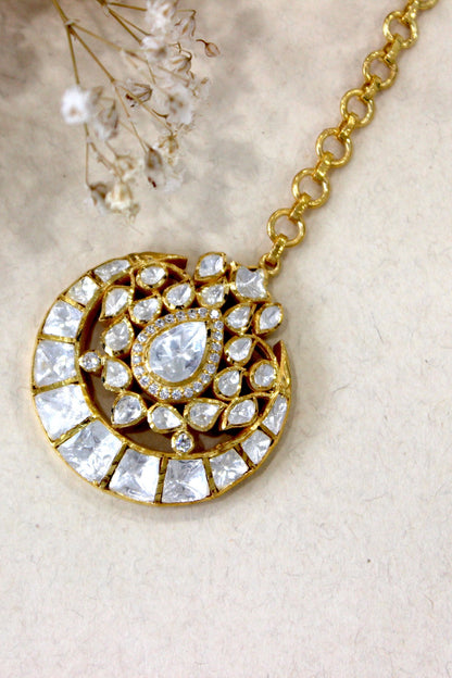 Gold Plated Moissanite Polki & Semi-Precious Stone Maangtikka In Sterling Silver