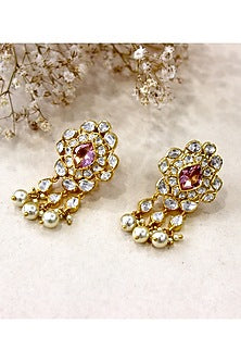 Gold Plated Moissanite Polki & Semi-Precious Stone Dangler Earrings In Sterling Silver