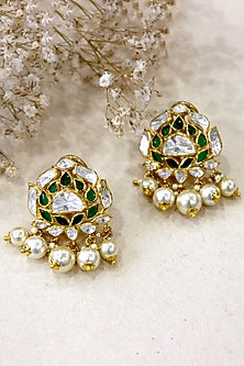 Gold Plated Moissanite Polki & Semi-Precious Stone Dangler Earrings In Sterling Silver