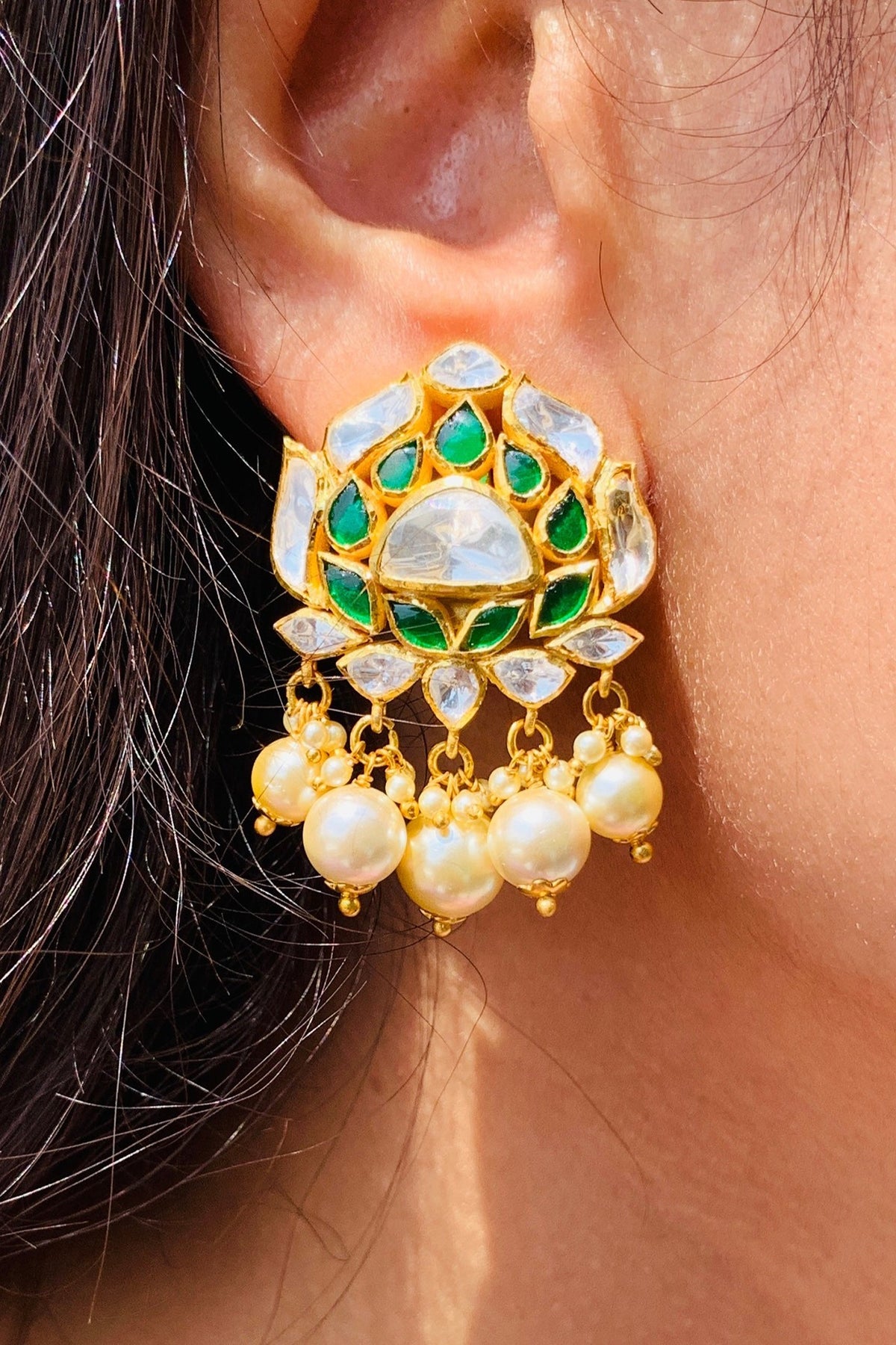 Gold Plated Moissanite Polki & Semi-Precious Stone Dangler Earrings In Sterling Silver