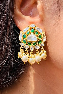Gold Plated Moissanite Polki & Semi-Precious Stone Dangler Earrings In Sterling Silver