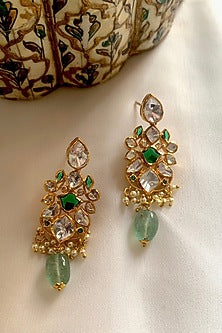 Gold Plated Moissanite Polki & Semi-Precious Stone Dangler Earrings In Sterling Silver