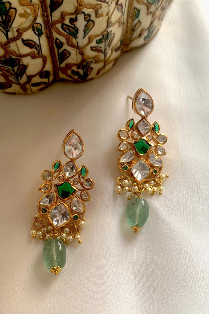 Gold Plated Moissanite Polki & Semi-Precious Stone Dangler Earrings In Sterling Silver