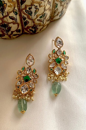 Gold Plated Moissanite Polki & Semi-Precious Stone Dangler Earrings In Sterling Silver