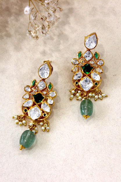 Gold Plated Moissanite Polki & Semi-Precious Stone Dangler Earrings In Sterling Silver