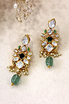 Gold Plated Moissanite Polki & Semi-Precious Stone Dangler Earrings In Sterling Silver