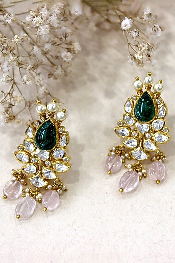 Gold Plated Moissanite Polki & Semi-Precious Stone Dangler Earrings In Sterling Silver
