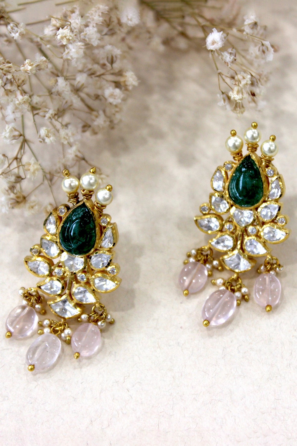 Gold Plated Moissanite Polki & Semi-Precious Stone Dangler Earrings In Sterling Silver