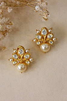 Gold Plated Moissanite Polki & Semi-Precious Stone Stud Earrings In Sterling Silver