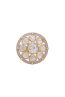 Gold Finish Kundan Adjustable Ring In Sterling Silver