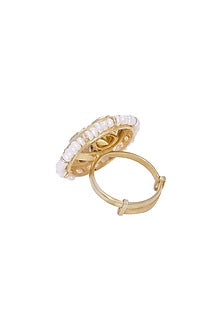 Gold Finish Pearl Adjustable Ring In Sterling Silver