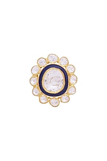 Gold Finish Kundan Meenakari Ring In Sterling Silver