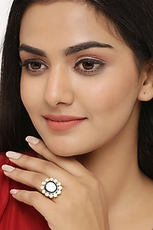 Gold Finish Kundan Meenakari Ring In Sterling Silver