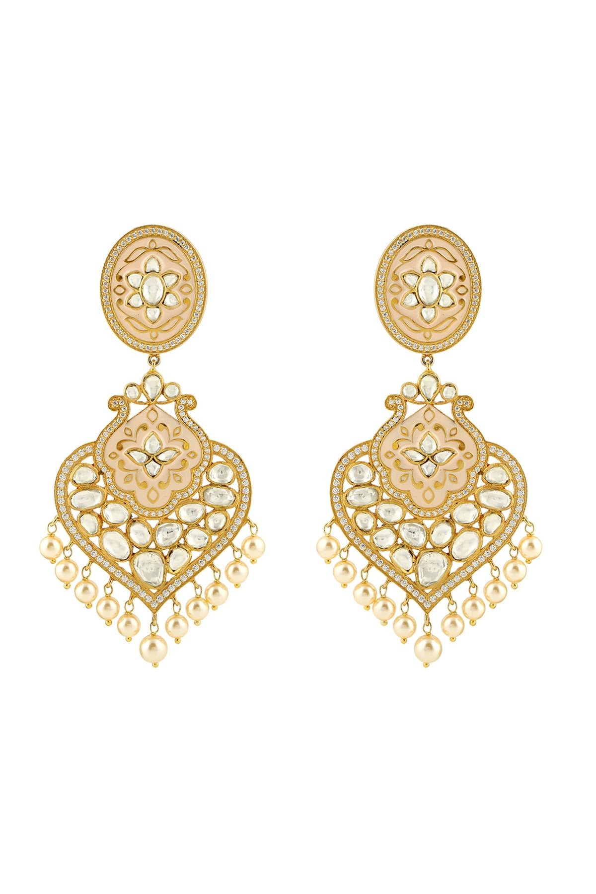 Gold Finish Pearl & Kundan Earrings In Sterling Silver