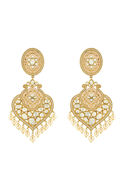 Gold Finish Pearl & Kundan Earrings In Sterling Silver