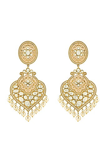 Gold Finish Pearl & Kundan Earrings In Sterling Silver