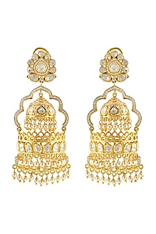 Gold Finish Kundan & Pearl Meenakari Earrings In Sterling Silver