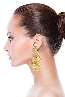 Gold Finish Kundan & Pearl Meenakari Earrings In Sterling Silver