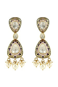 Gold Finish Kundan & Pearl Handcrafted Earrings In Sterling Silver