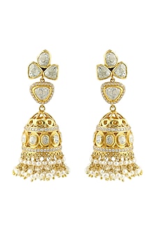 Gold Finish Handcrafted Kundan & Pearl Earrings In Sterling Silver