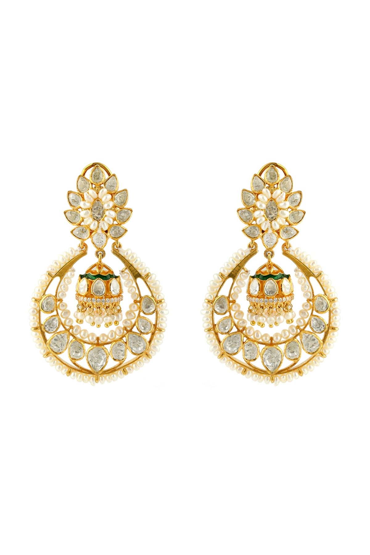 Gold Finish Meenakari Earrings With Pearl & Kundan In Sterling Silver