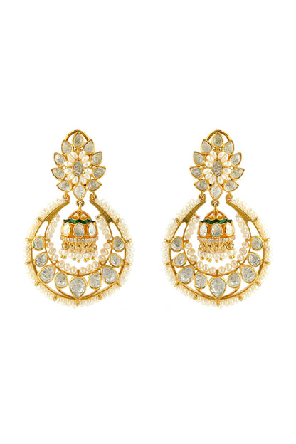 Gold Finish Meenakari Earrings With Pearl & Kundan In Sterling Silver
