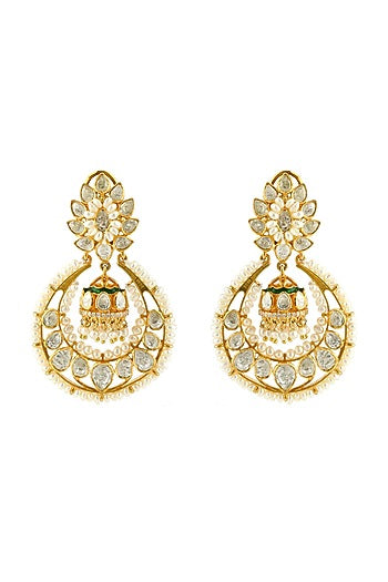 Gold Finish Meenakari Earrings With Pearl & Kundan In Sterling Silver
