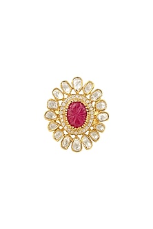 Gold Finish Ruby Adjustable Ring In Sterling Silver