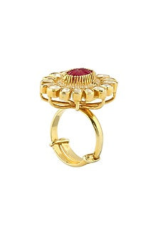 Gold Finish Ruby Adjustable Ring In Sterling Silver