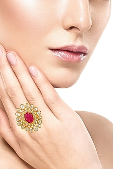 Gold Finish Ruby Adjustable Ring In Sterling Silver