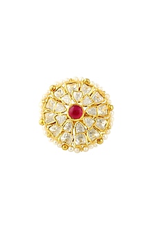 Gold Finish Ruby & Kundan Ring In Sterling Silver