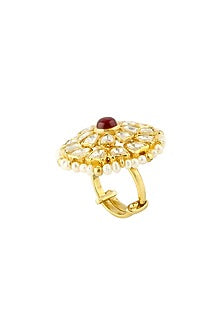 Gold Finish Ruby & Kundan Ring In Sterling Silver